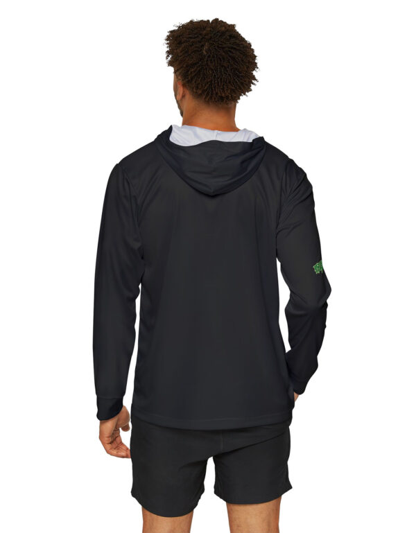 A 100% moisture-wicking polyester UPF 50+ sun protection warmup hoodie with fan art design