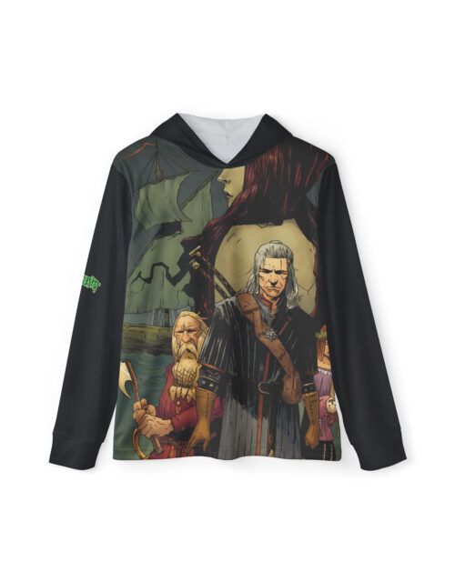 A 100% moisture-wicking polyester UPF 50+ sun protection warmup hoodie with fan art design