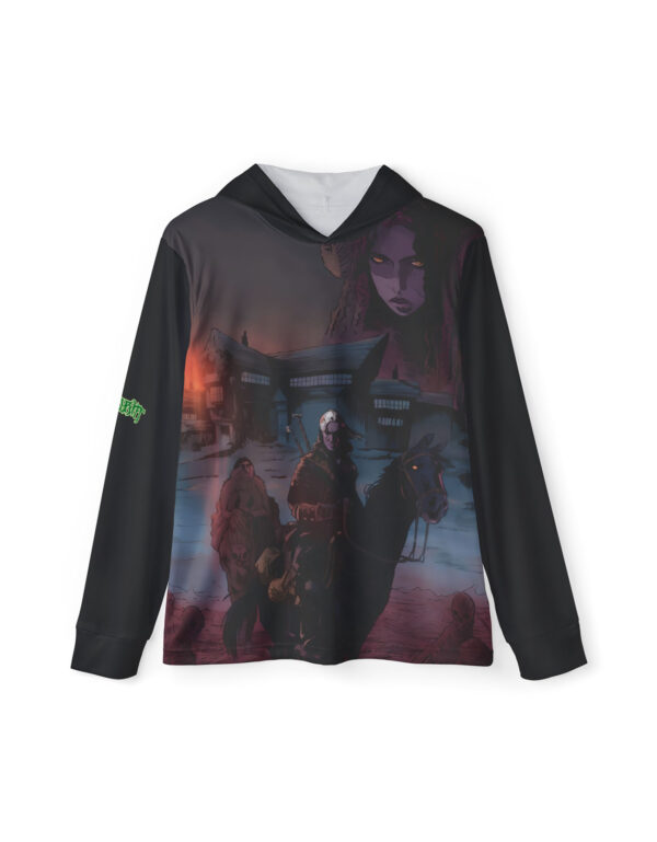 A 100% moisture-wicking polyester UPF 50+ sun protection warmup hoodie with fan art design