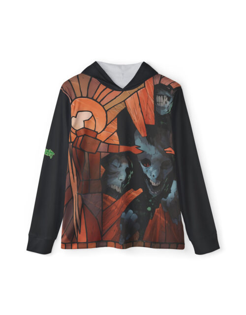 A 100% moisture-wicking polyester UPF 50+ sun protection warmup hoodie with fan art design