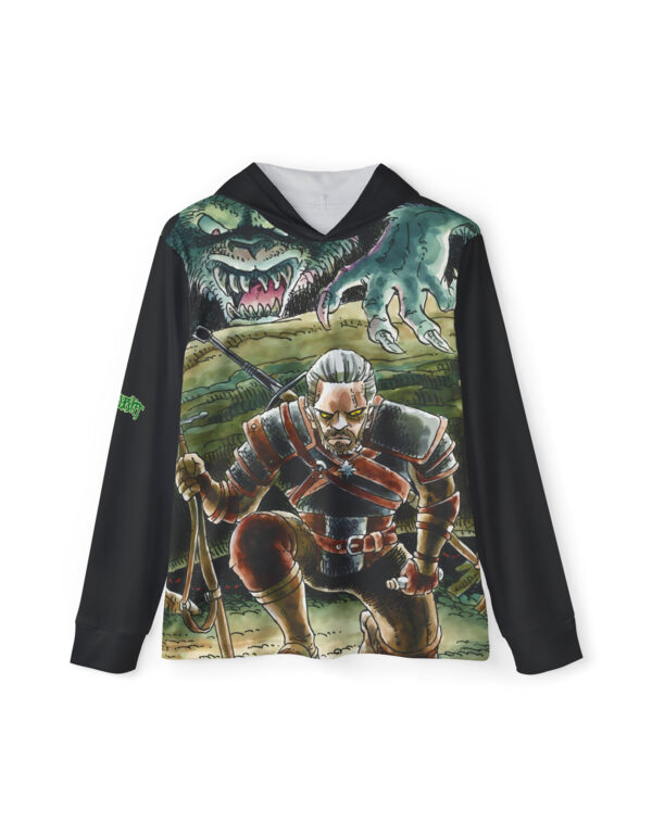 A 100% moisture-wicking polyester UPF 50+ sun protection warmup hoodie with fan art design