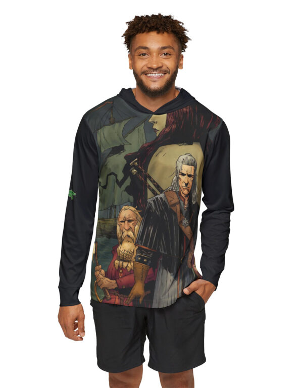 A 100% moisture-wicking polyester UPF 50+ sun protection warmup hoodie with fan art design